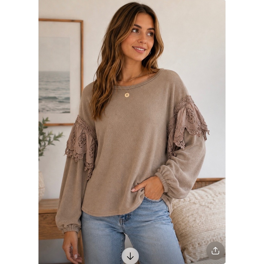 Entro Womens Taupe Fleece Eyelet Lace Ruffle Shoulder Balloon Sleeve Top Small